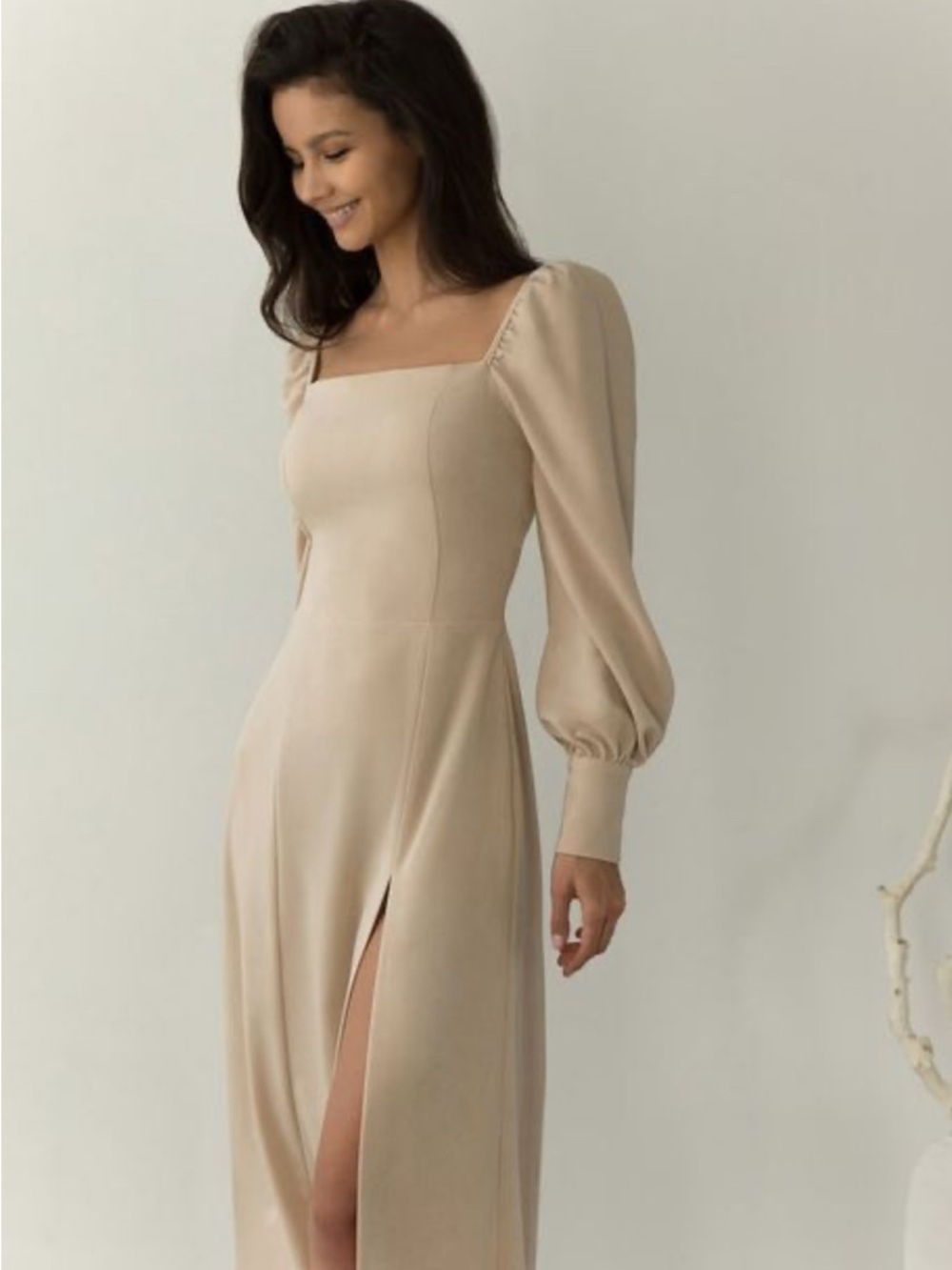 Lichi Square-Neck Long Sleeve Beige Midi Dress with Side Slit